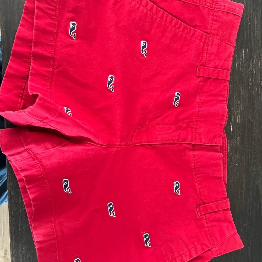 Vineyard Vines Red Cargo Shorts with Embroidered whale Design